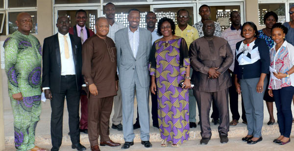 The Deputy Vice-Chancellor (Administration), Prof. (Mrs) Ebun Oduwole (4th from Right), Barrister Kayode Osoba (4th left) with other University functionaries in a group photograph.