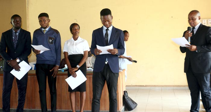 Far Right: The Dean Faculty of Law, Prof. Charles Adekoya administering the Oath of Office to the President, SUG, Mr Awoyemi Oluwabunmi Michael.